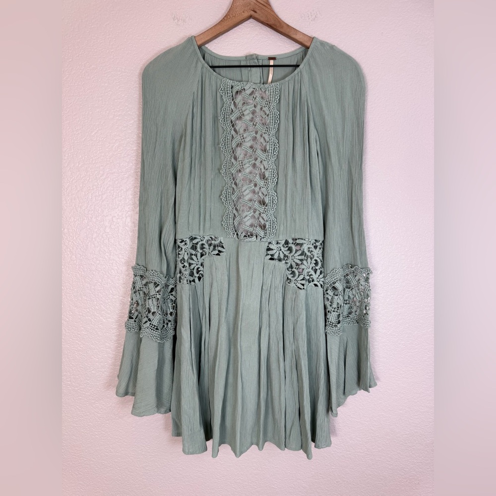 Free People Sunkissed Mini Dress in Light Sage Green size 4 Lace Details $118 - Picture 5 of 12
